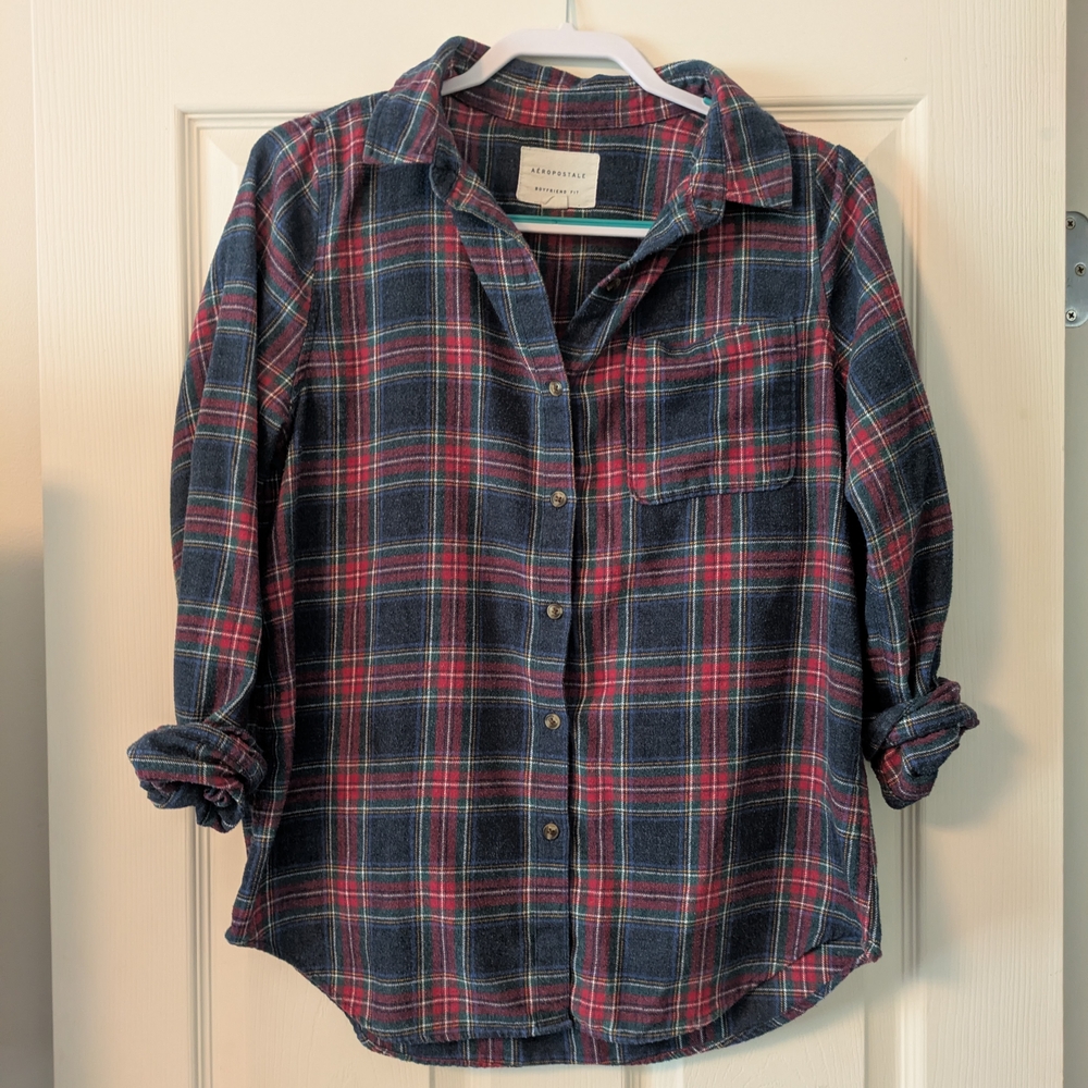 Aeropostale Boyfriend Fit Navy and Red Plaid Shirt